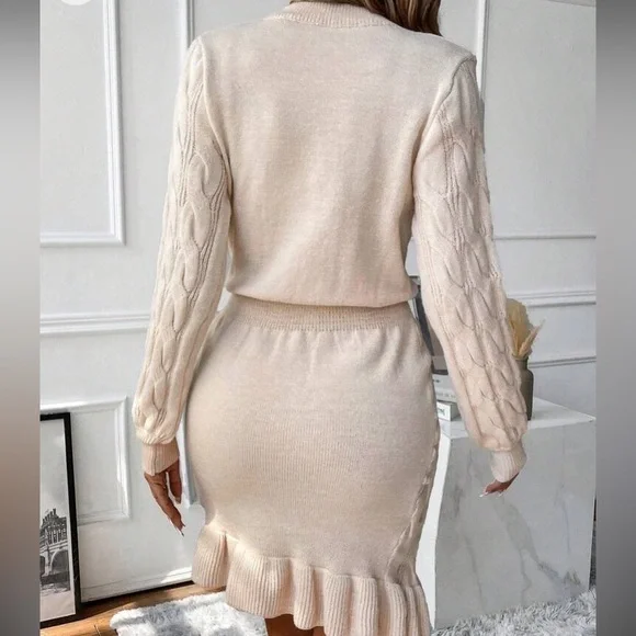 Cozy coffee brown ruffle hem cable knit sweater dress - Picture 6 of 16